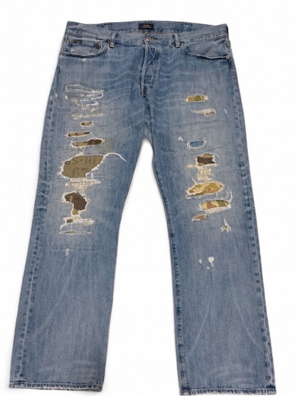 Polo Ralph Lauren Varick Slim Distressed Camo Patchwork Straight Leg Jeans 38x32